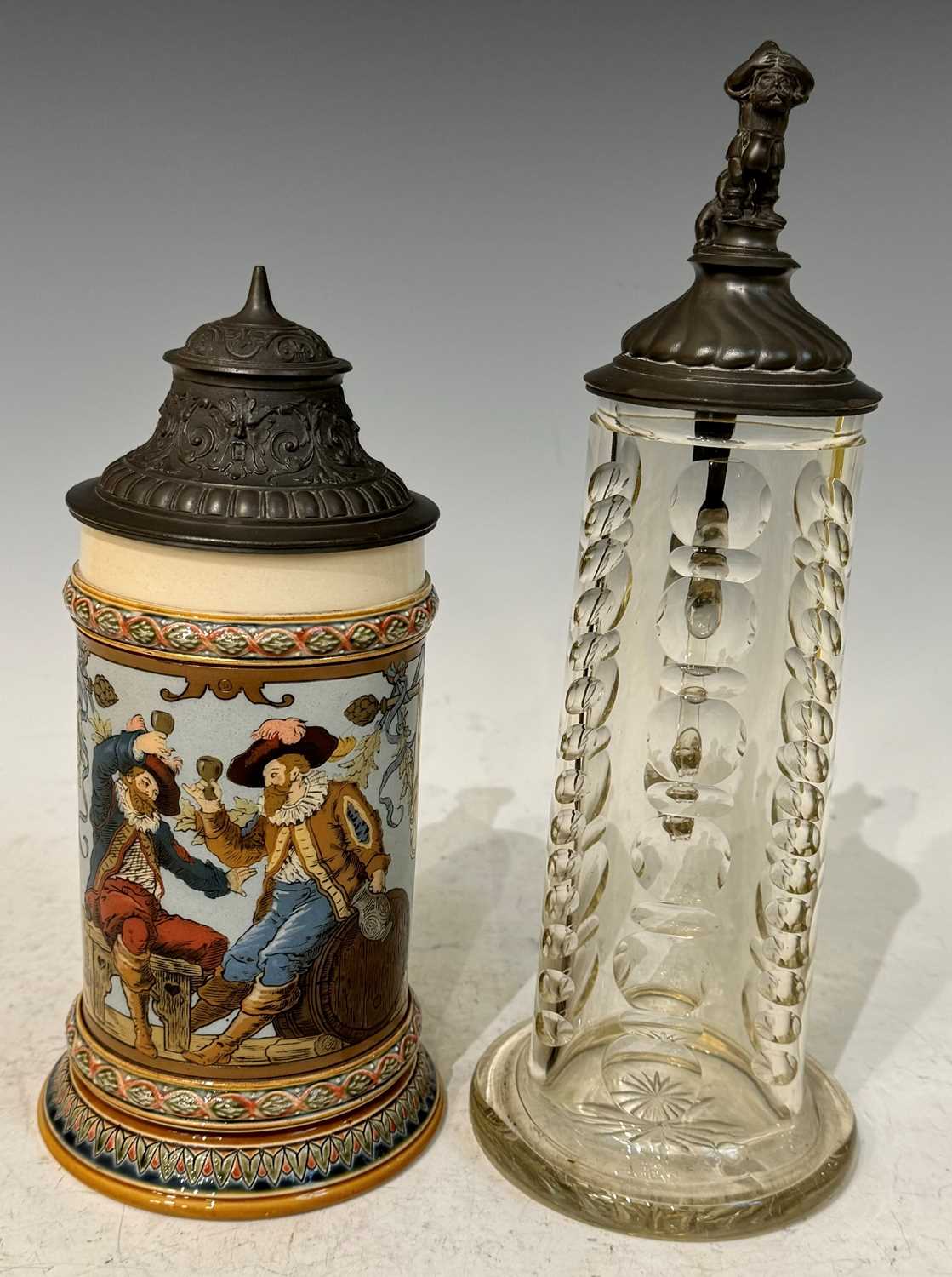 A Mettlach German pottery Beer Stein with pewter hinged cover, decorated with two medieval figures - Image 2 of 3
