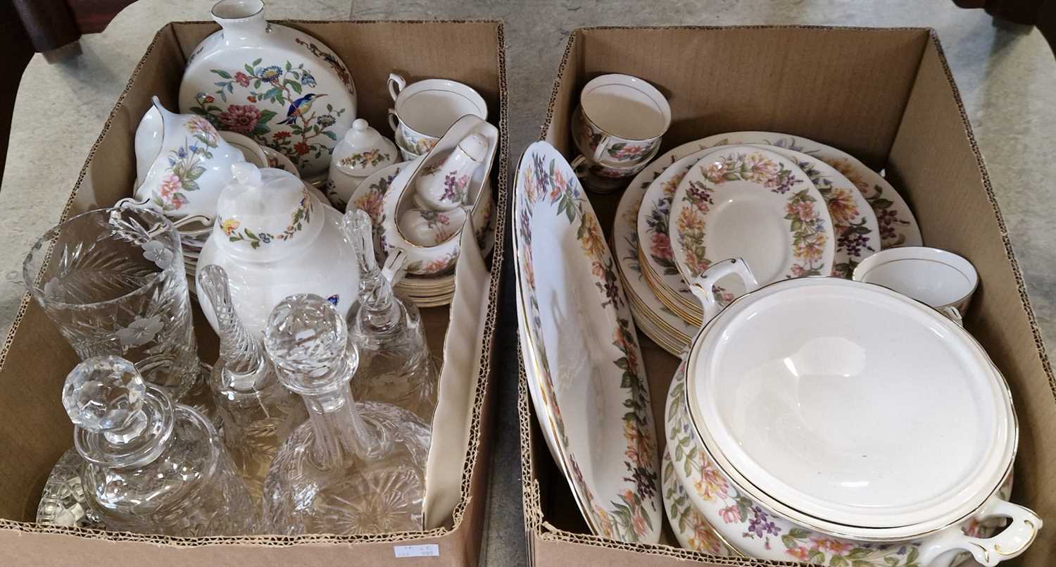 Two boxes containing Paragon country lane patterned tea/dinner wares, glassware etc.