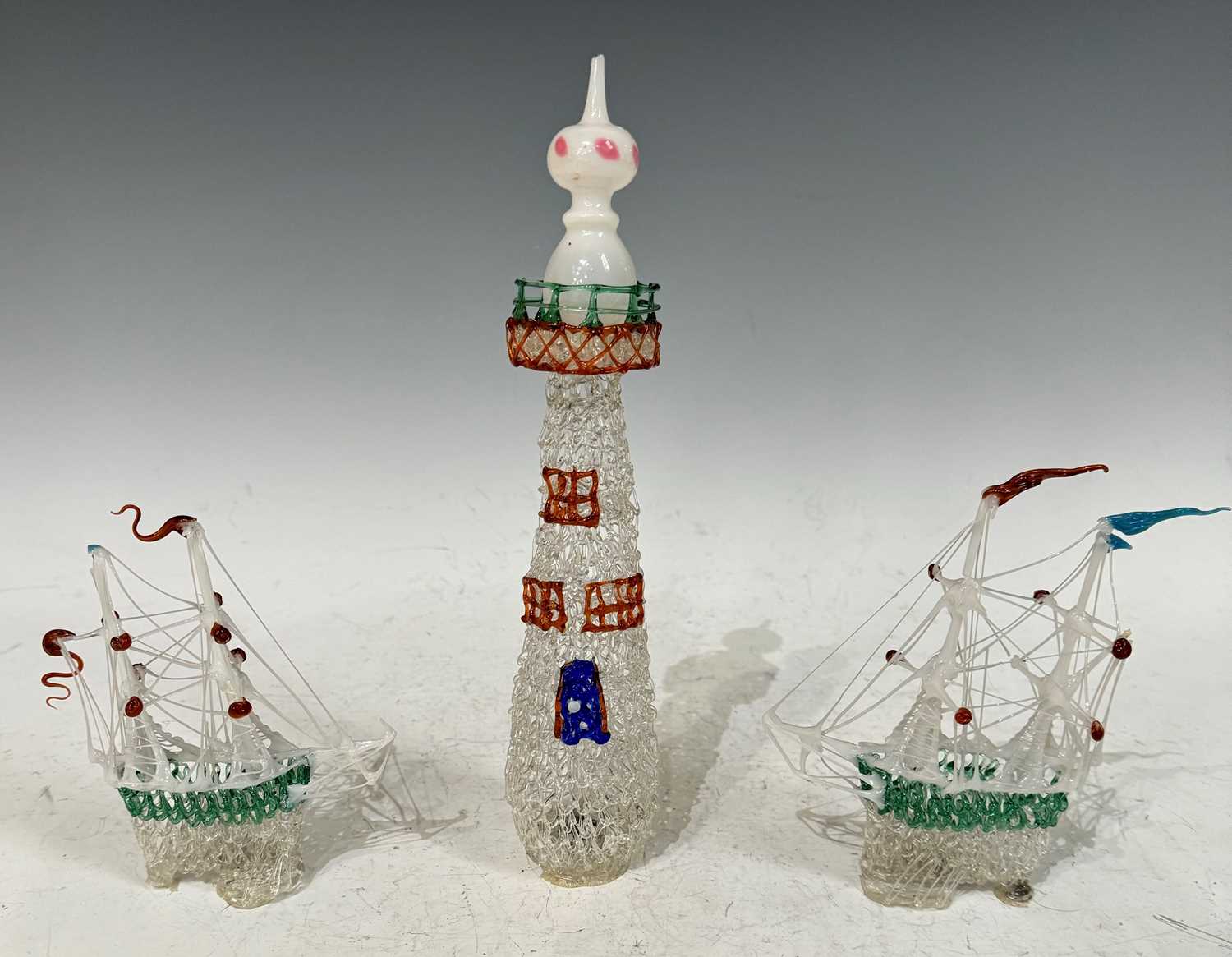 An antique spun glass frigger, in the form of a three masted sailing ship with figures climbing - Image 3 of 4