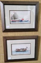 Two Chinese watercolours on pith paper, both depicting boats, framed and glazed 24cm x 31.5cm.