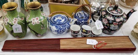 A collection of Chinese and Japanese wares, to include two cloisonne ware vases, a blue and white