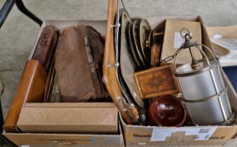 Two boxes of mixed wares to include a vintage Gladstone style bag, a beadwork ladies handbag,