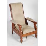 A 19th century mahogany reclining library armchair, the later upholstered back, arms and seat raised