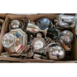 Two boxes of assorted mixed metal wares to include EP, pewter etc.