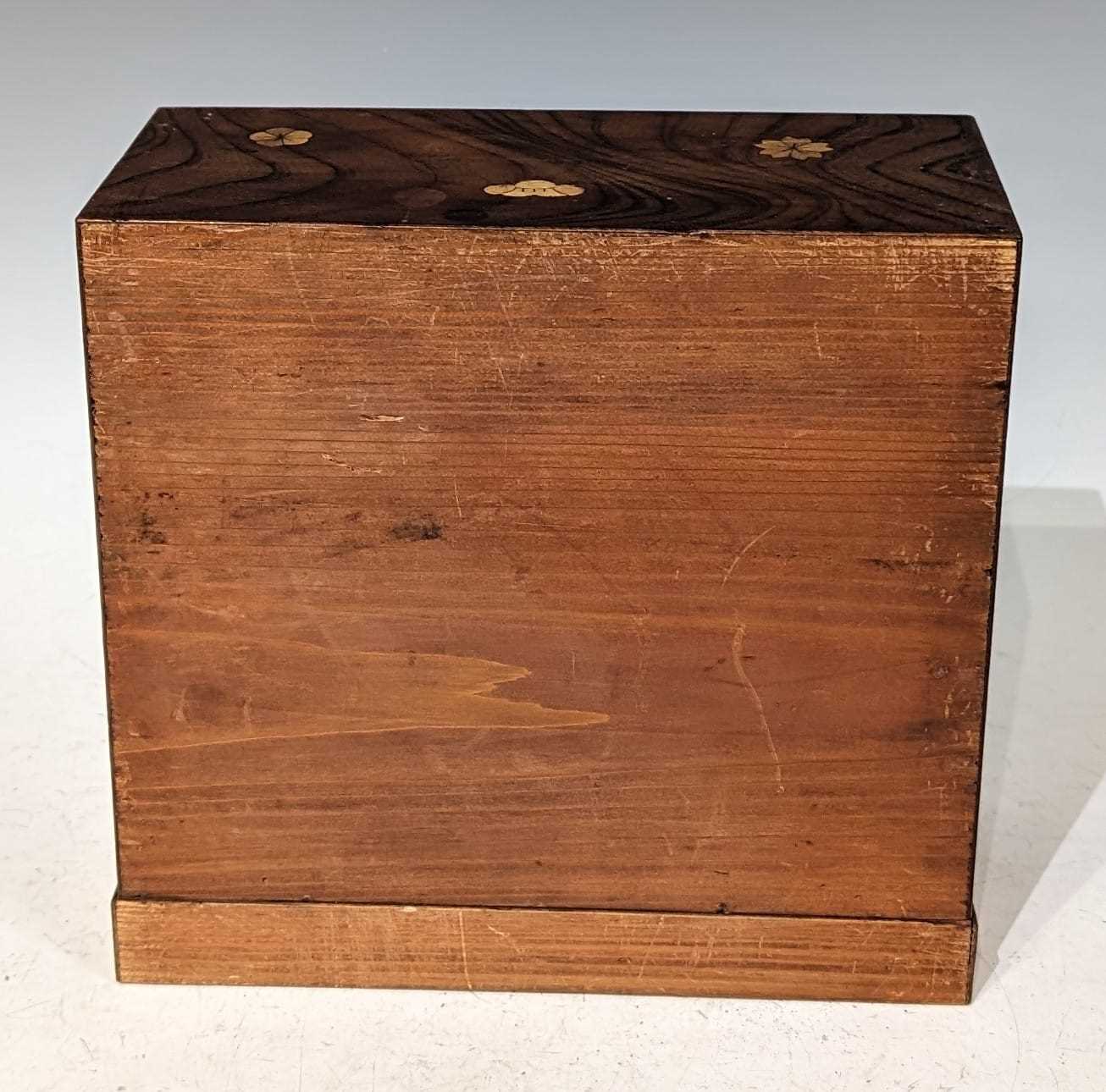 A Meiji period Japanese marquetry table cabinet, the upper section with tambor shutter opening to - Image 4 of 6