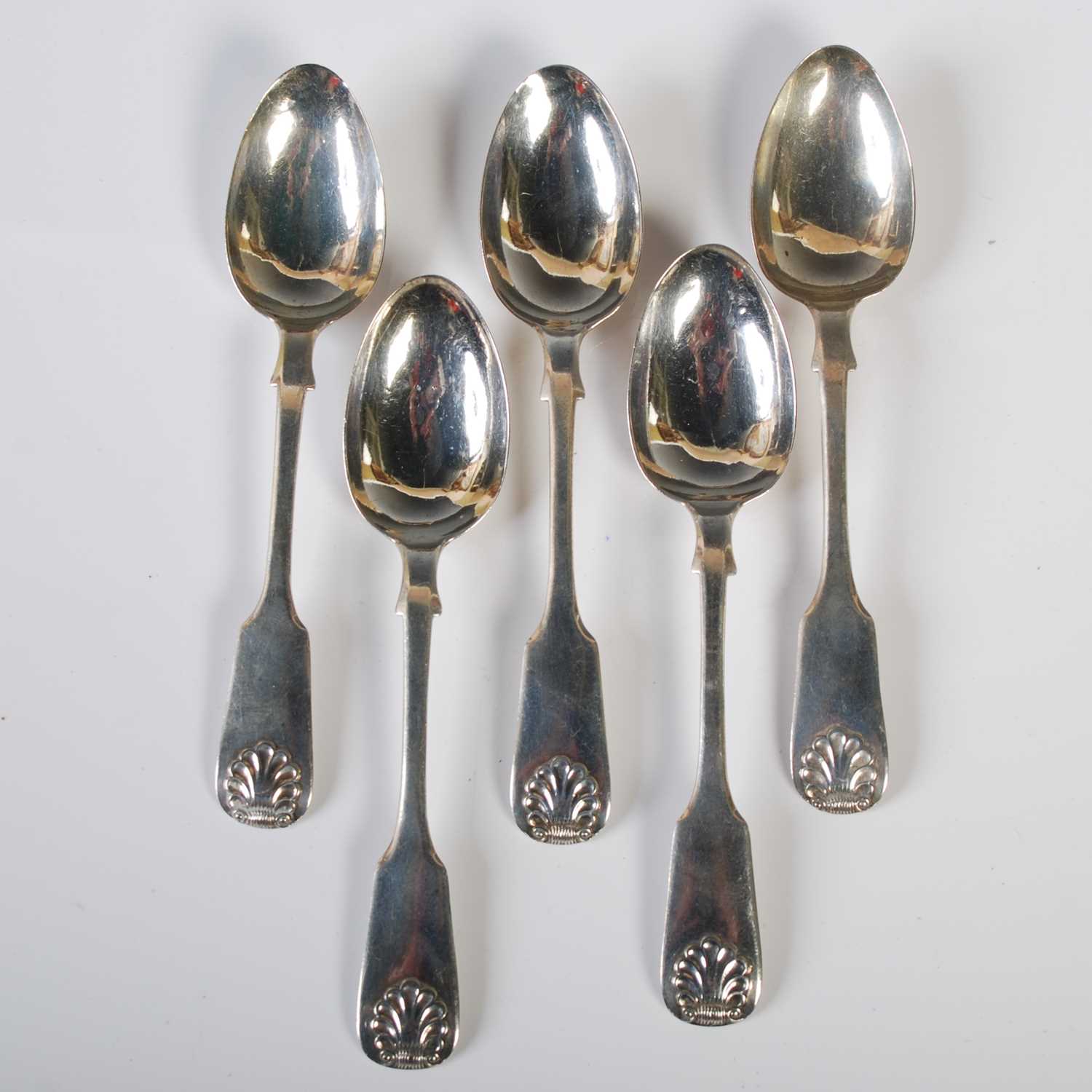 A set of five Victorian silver teaspoons, Edinburgh 1858, fiddle pattern with shell terminals, 3