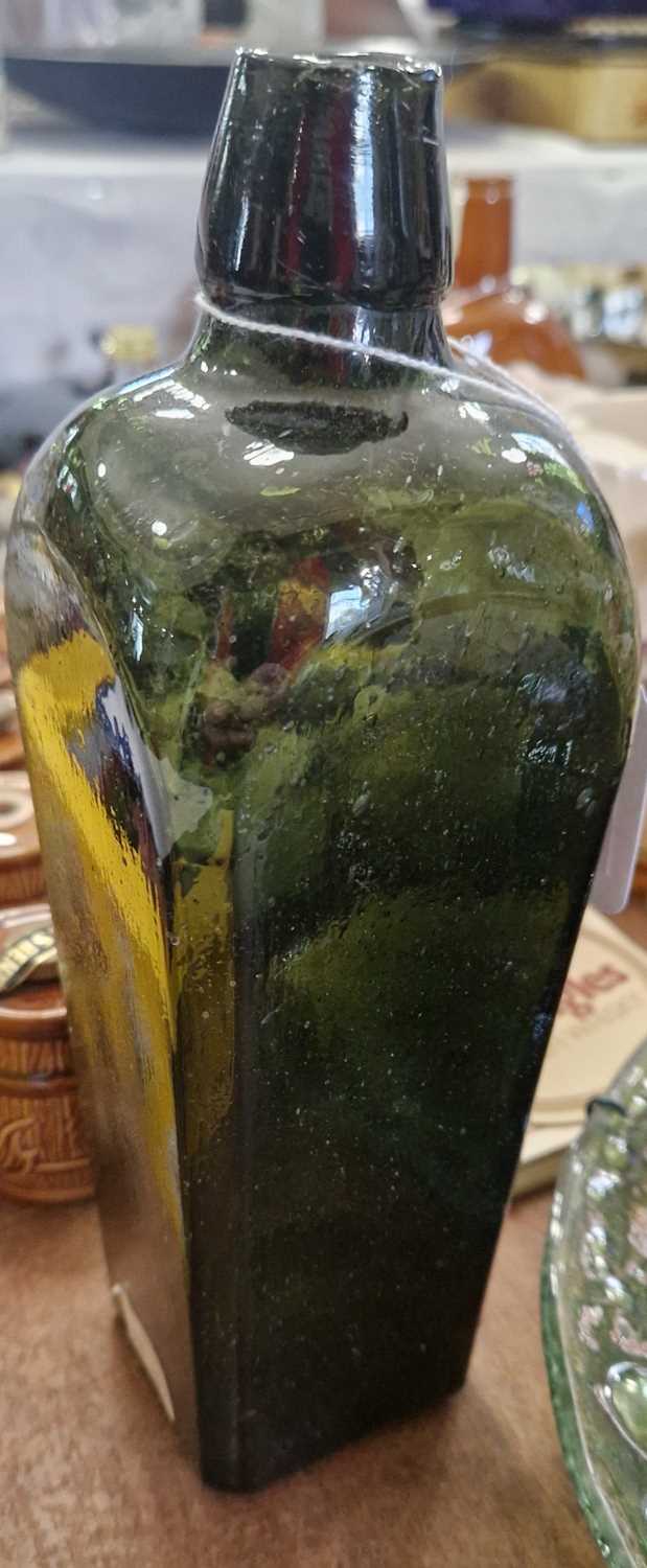 An antique green glass bottle, 24cm high; together with a green art glass dish of bubble design, and - Image 2 of 2