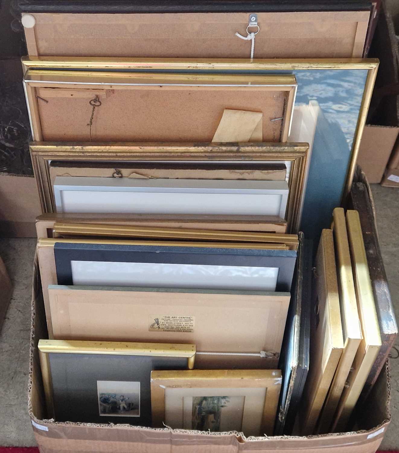 A box of assorted decorative pictures and prints, by various hands.