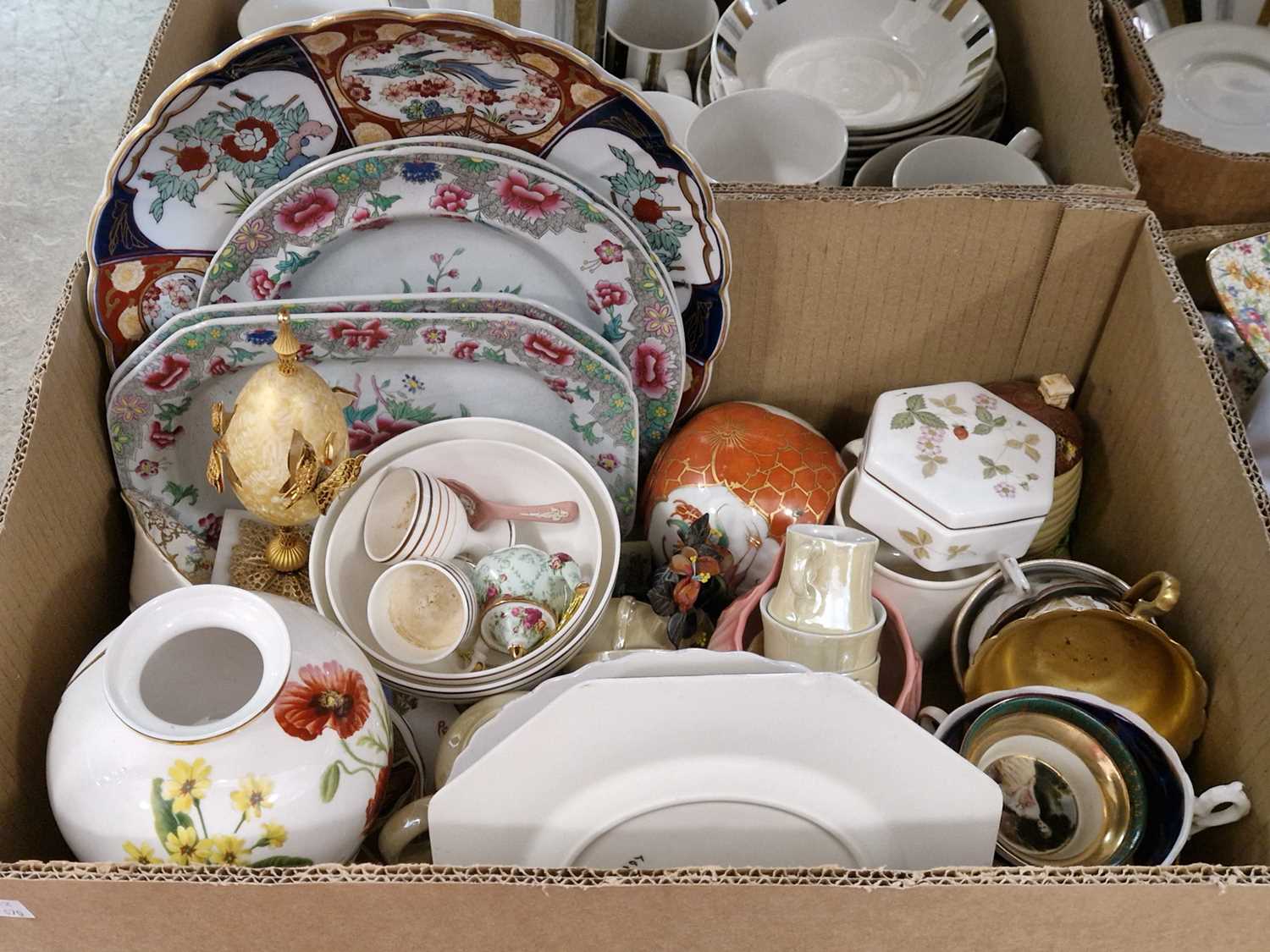 Two boxes of assorted mixed ceramics to include examples by Spode, Foley etc.