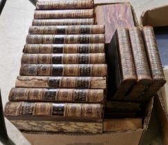 A box of assorted leather bound books to include Gibbons Roman Empire, Waverley novels, a French