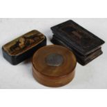 Three antique snuff boxes to include a circular white metal mounted horn example, a rectangular