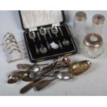 A collection of assorted silverware to include a cased set of six Birmingham silver coffee spoons, a
