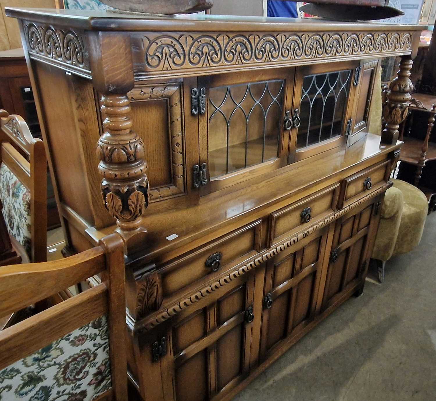 A vintage 'Old Charm' dining room suite comprising sideboard, extending dining table and six - Image 3 of 3