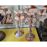 A pair of EPNS three light candelabra, the undersides with stickers 'Hecworth Old Sheffield