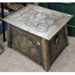 An Arts & Crafts white metal rectangular shaped fuel bin, the hinged cover and sides with embossed