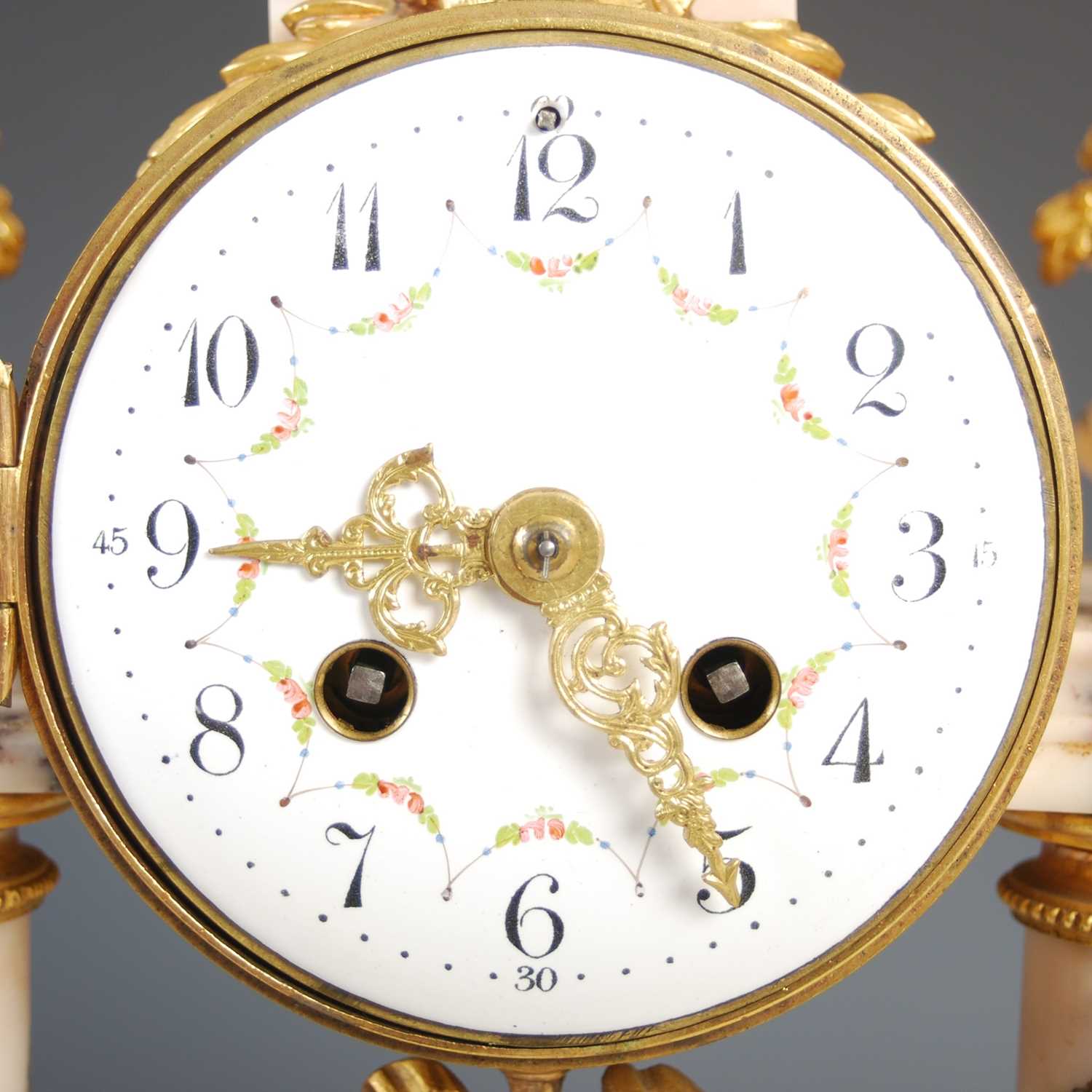 A late 19th century marble and gilt metal mounted clock garniture, the clock with circular enamel - Image 2 of 9