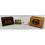 A Mauchline Ware rectangular box decorated with view of Craignethan Castle, 9cm wide; marquetry