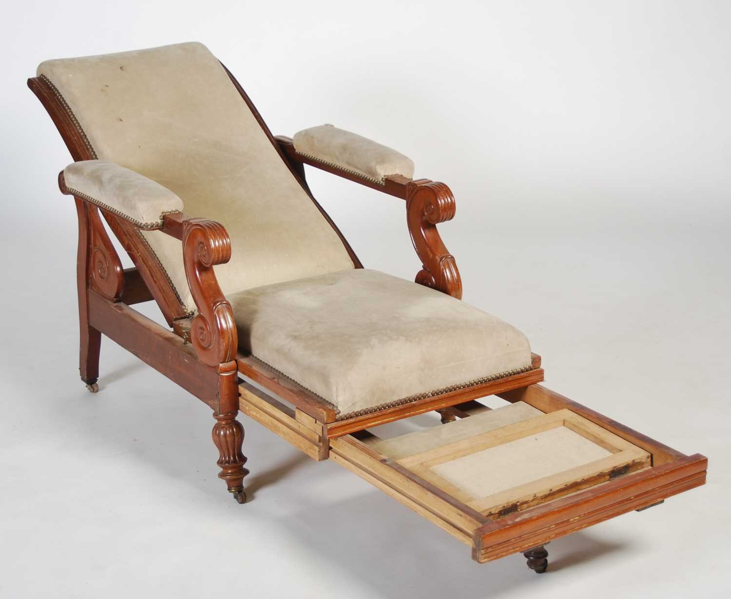 A 19th century mahogany reclining library armchair, the later upholstered back, arms and seat raised - Image 6 of 8