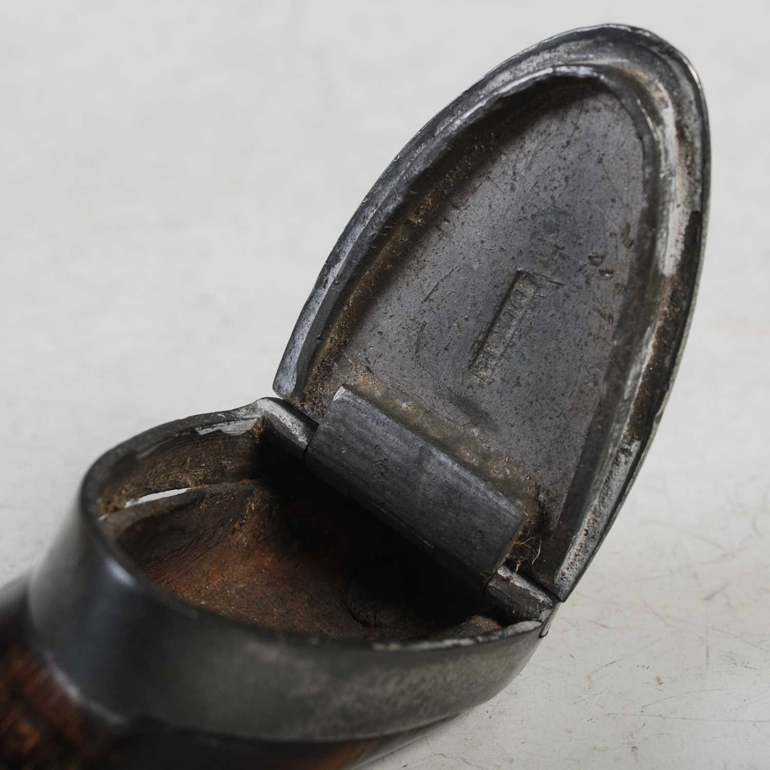 A 19th century pewter mounted deer's hoof snuff mull Durie, Aberdeen, the underside of the hinged - Image 2 of 2