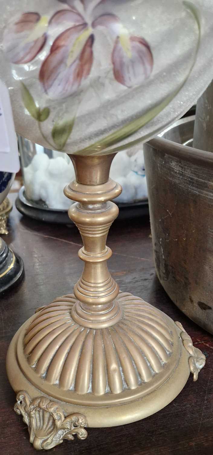 A late 19th / early 20th century brass and glass paraffin lamp, the font with hand-painted floral - Image 2 of 3