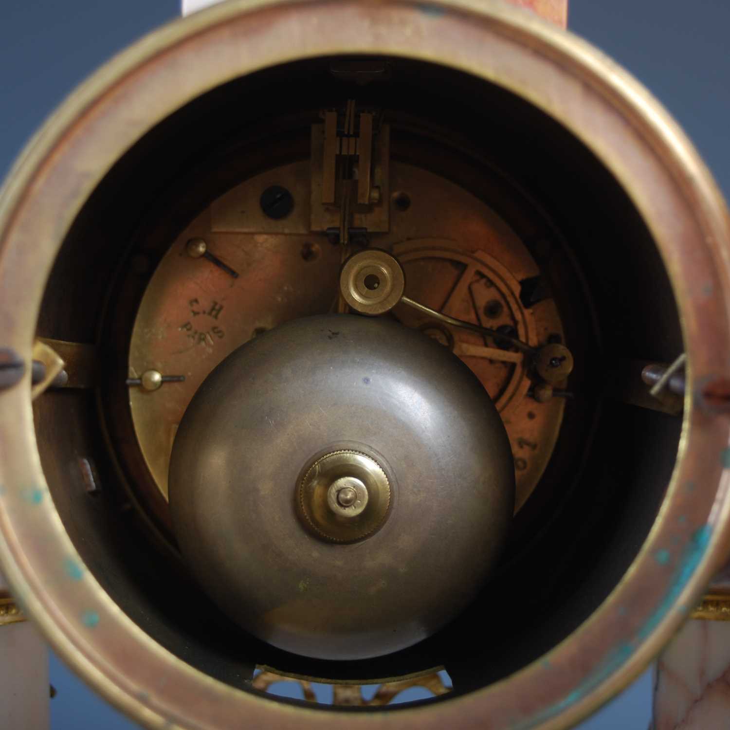 A late 19th century marble and gilt metal mounted clock garniture, the clock with circular enamel - Image 6 of 9