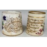 Two late 19th century porcelain hand-painted christening mugs, the first with gilded inscription '