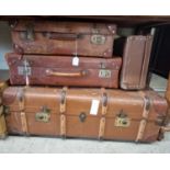 A vintage leather suitcase bearing initials 'I.H.', together with two other various suitcases and
