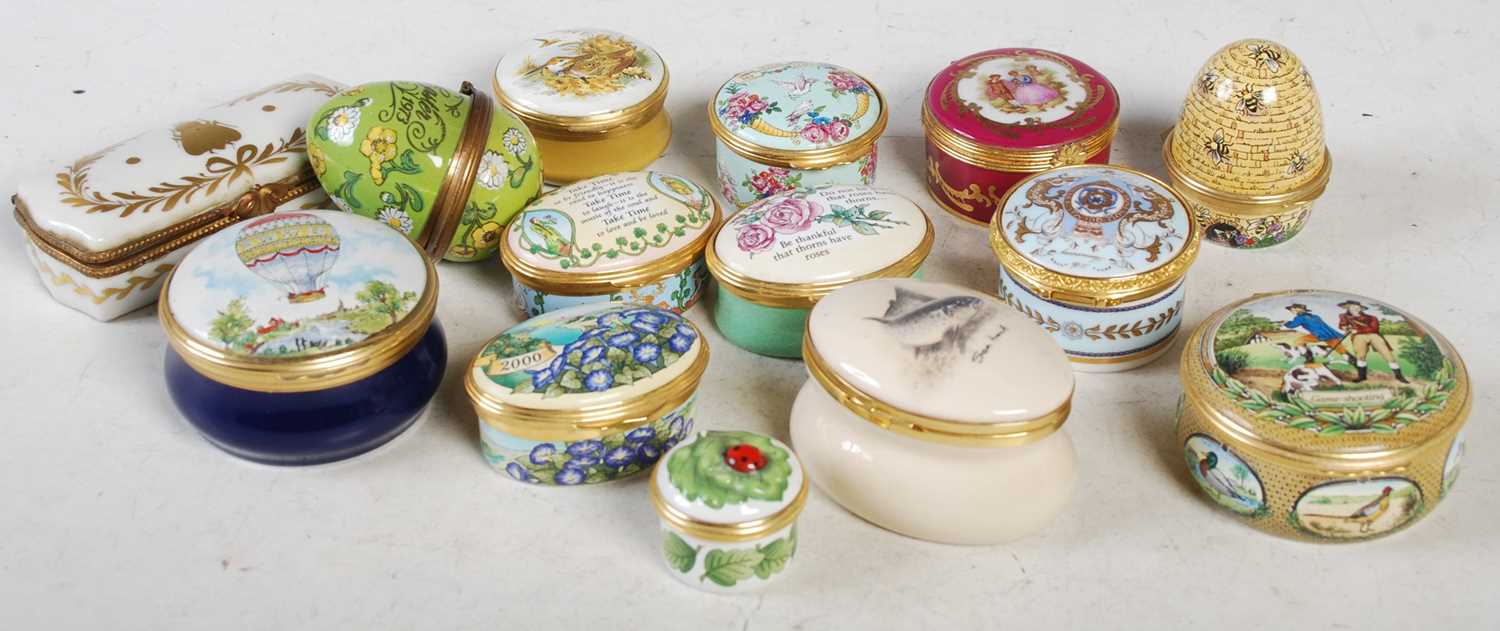 A collection of eight assorted Halcyon Days enamel boxes, to include Game Shooting and 1784