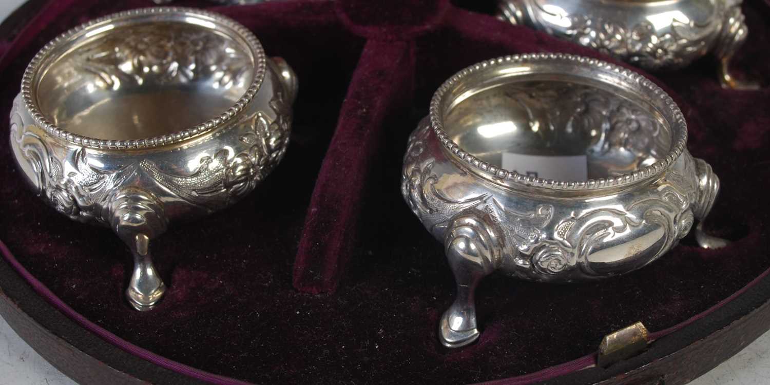 A cased set of four Victoria silver salts, London, 1875, makers mark of R H for Robert Hennell, with - Image 2 of 2