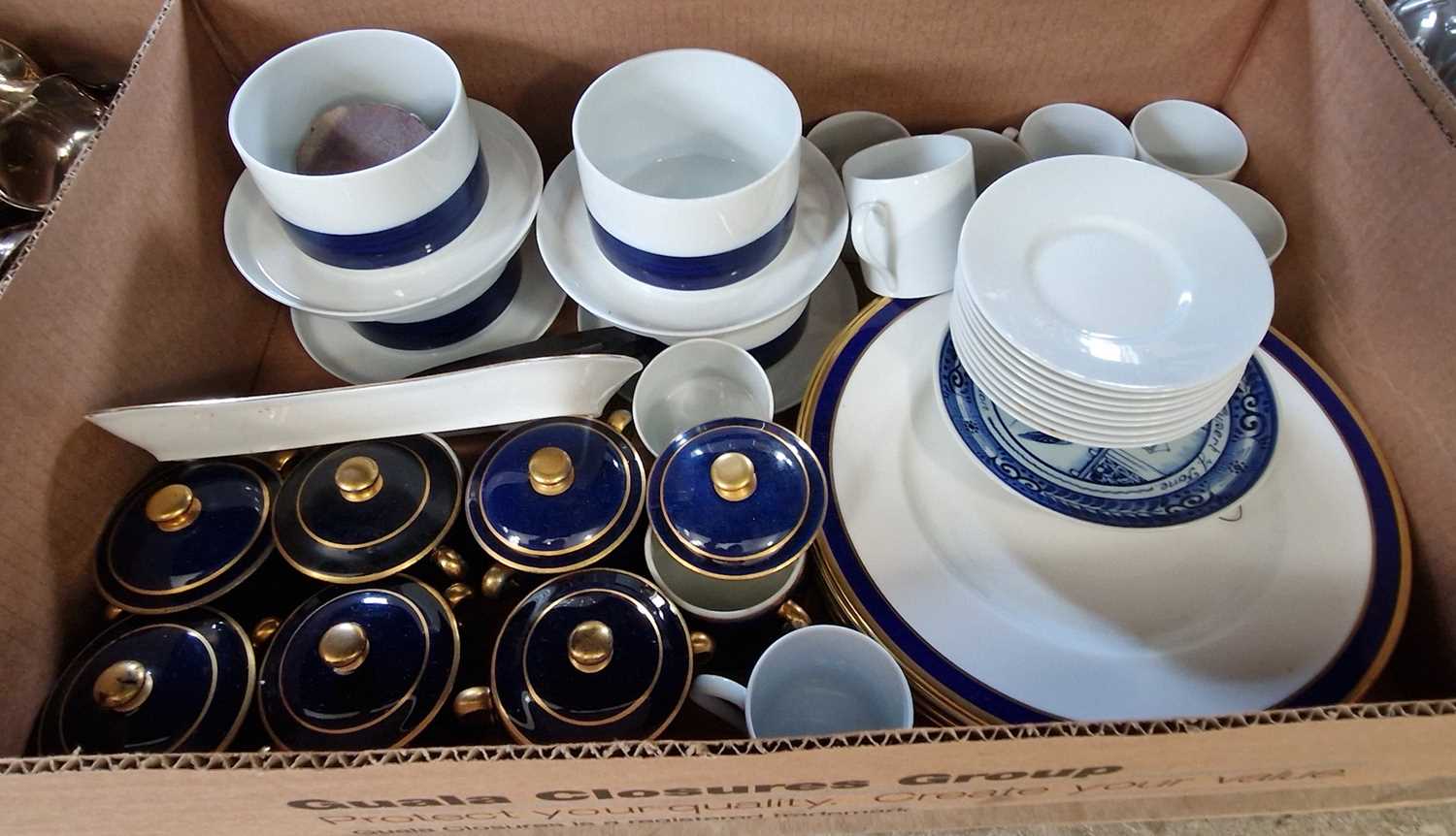 Two boxes of mixed wares to include a part Apilco French dinner set, two Lily Pond wall sconces,