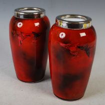 A pair of vintage DG ware white metal mounted glass vases, decorated with butterflies on a mottled