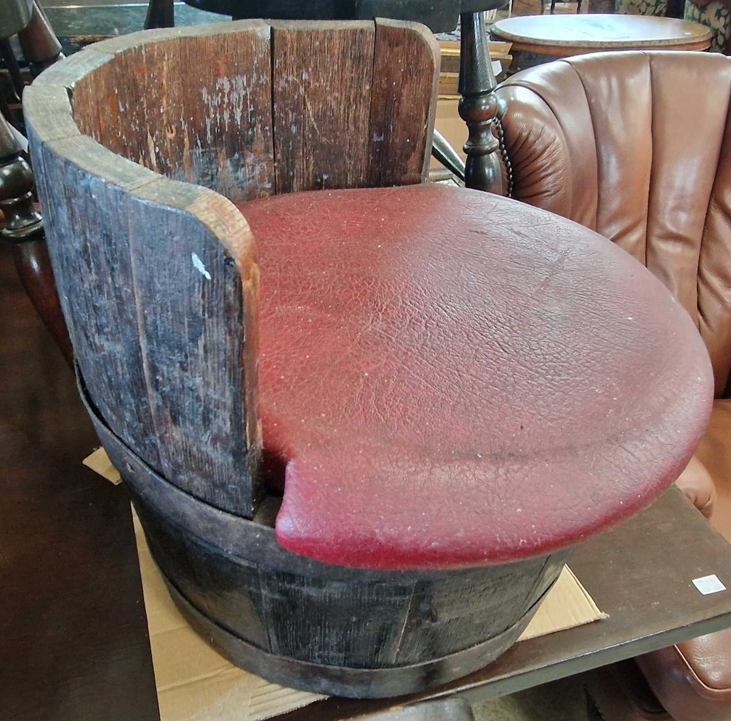 A pair of seats fashioned from whisky barrels with detachable leatherette covered seats, 42cm high. - Image 2 of 2