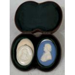 An antique Wedgwood blue ground Jasper Ware portrait medallion 8.3cm by 6.5cm; together with a Leeds