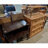 A group of furniture to include a pine three drawer chest; mahogany side table with open recess