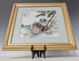 A late 20th Century Chinese painted porcelain square plaque by AiQin Cao (B. 1954), of two Pekingese
