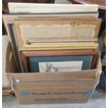 A box of assorted decorative pictures and prints.