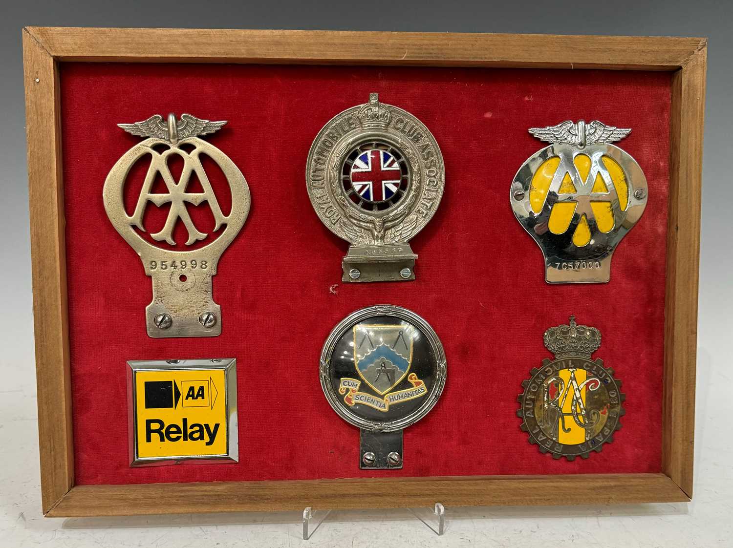 Automotive interest - A montage of six assorted car badges, mounted in a wooden frame with red baize