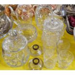 A collection of assorted cut glassware to include whisky tumblers; two jars and covers; jug;