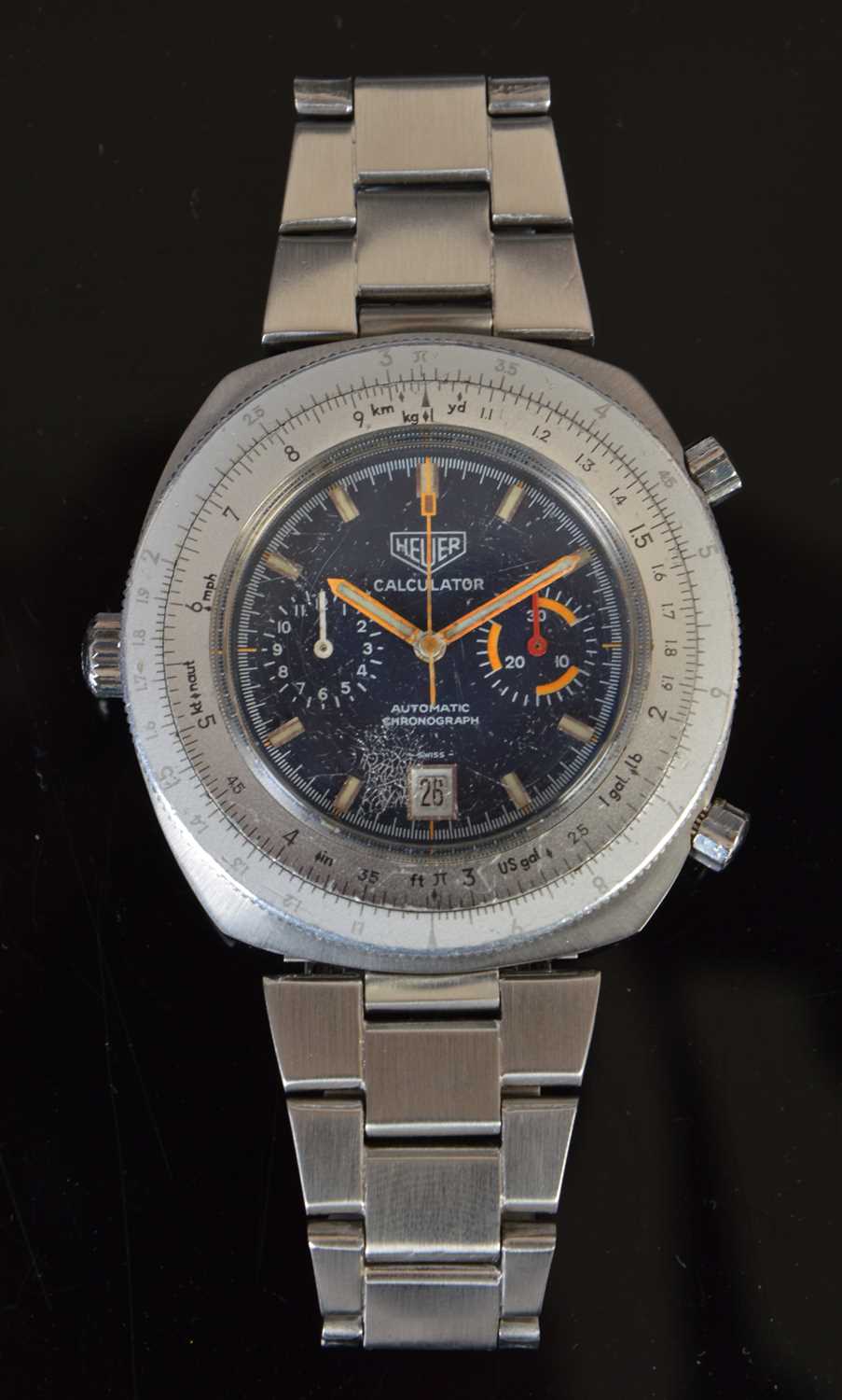 A vintage Heuer Calculator Automatic Chronograph stainless steel wristwatch, circa early 1970's,