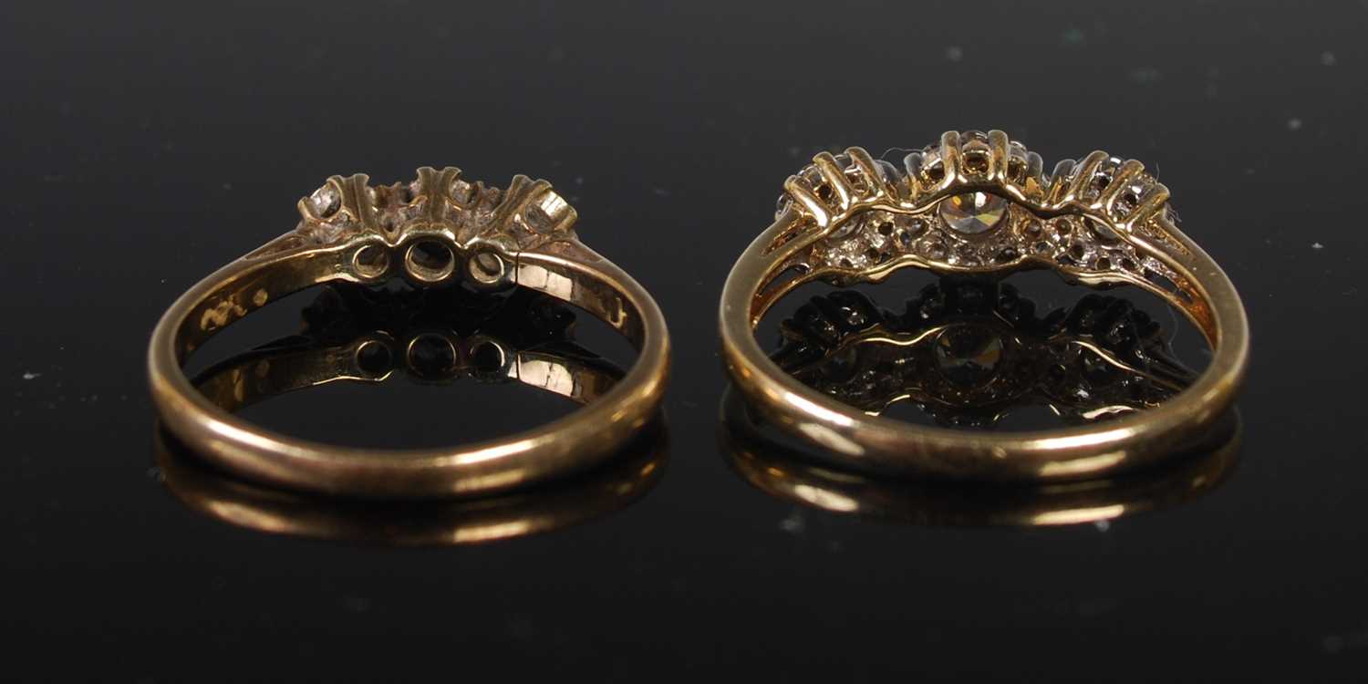 A gold and diamond chip three stone ring, size T, together with a 15ct gold and paste dress ring, - Image 2 of 4