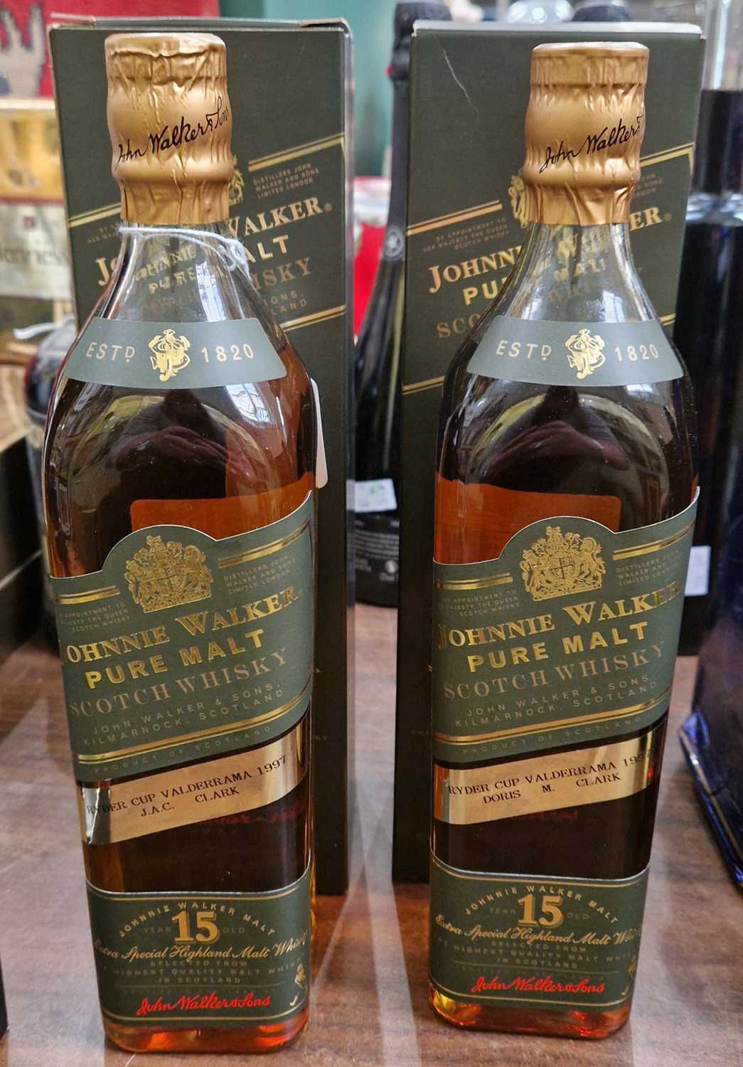 Two bottles of Johnnie Walker Green label Pure Malt scotch whisky 15 year old, each with