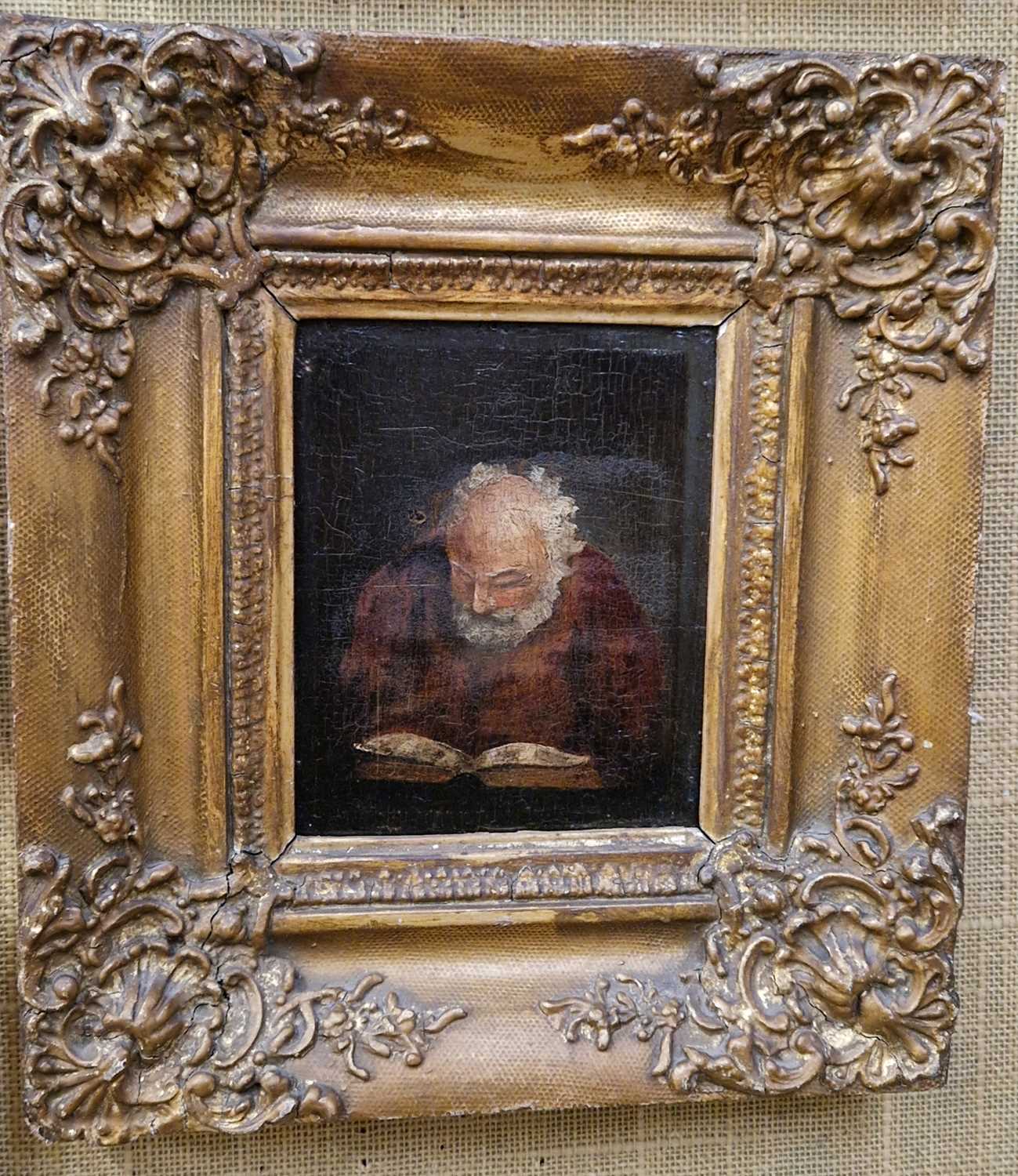 19th century School Portrait of an elderly gentleman reading from a book oil on panel 15.5cm x 12.