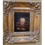 19th century School Portrait of an elderly gentleman reading from a book oil on panel 15.5cm x 12.