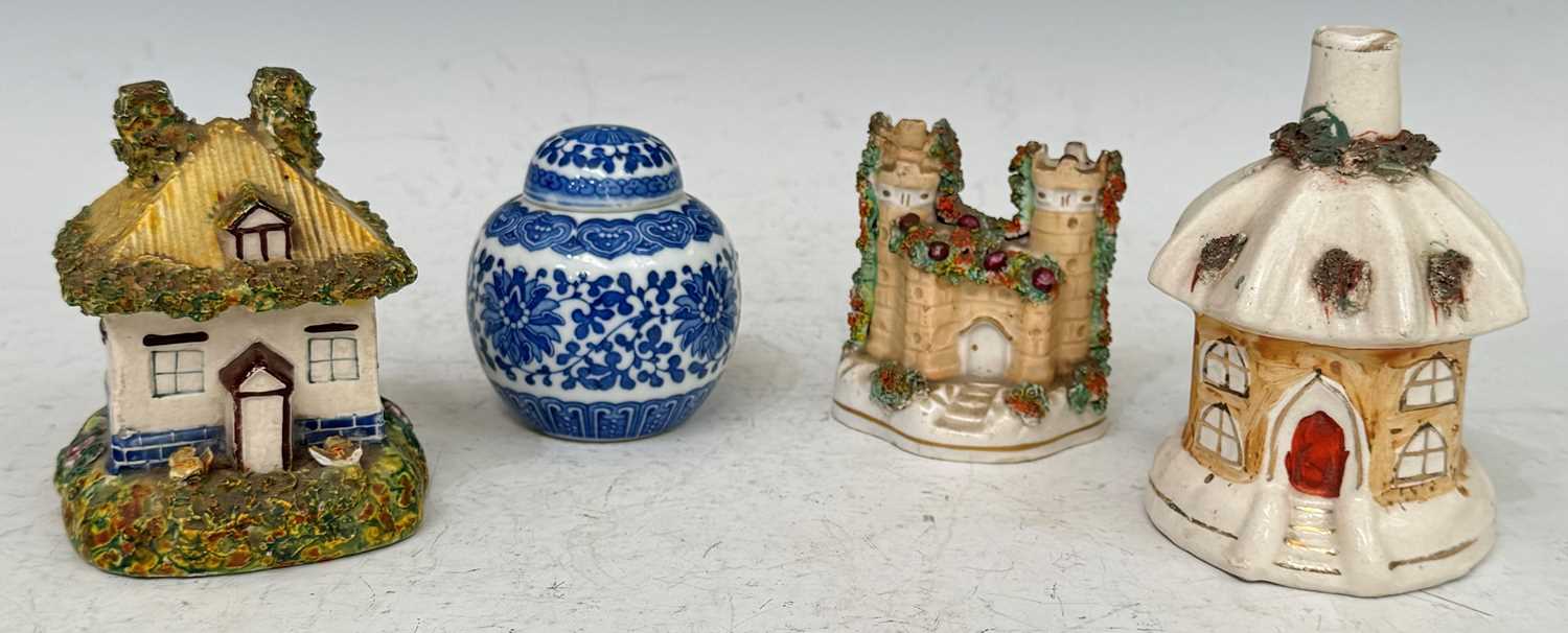 Three Staffordshire style houses, together with a small Chinese blue and white ginger jar and