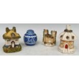 Three Staffordshire style houses, together with a small Chinese blue and white ginger jar and