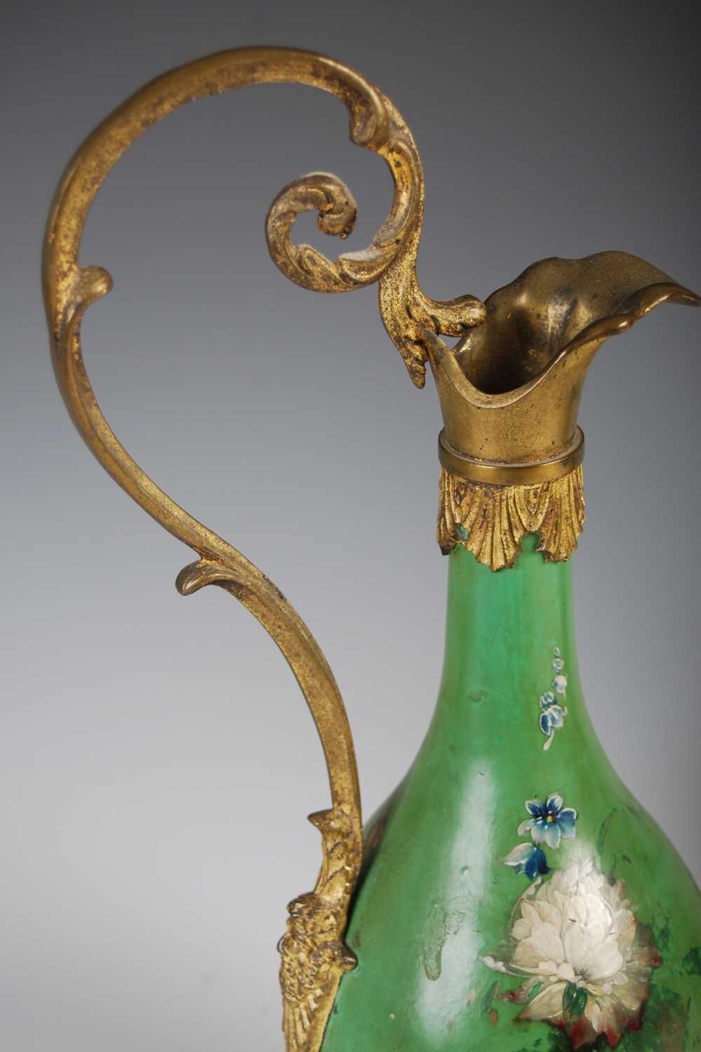 A pair of 19th century French gilt metal mounted Toleware ewers, decorated with foliate sprays on - Image 4 of 6