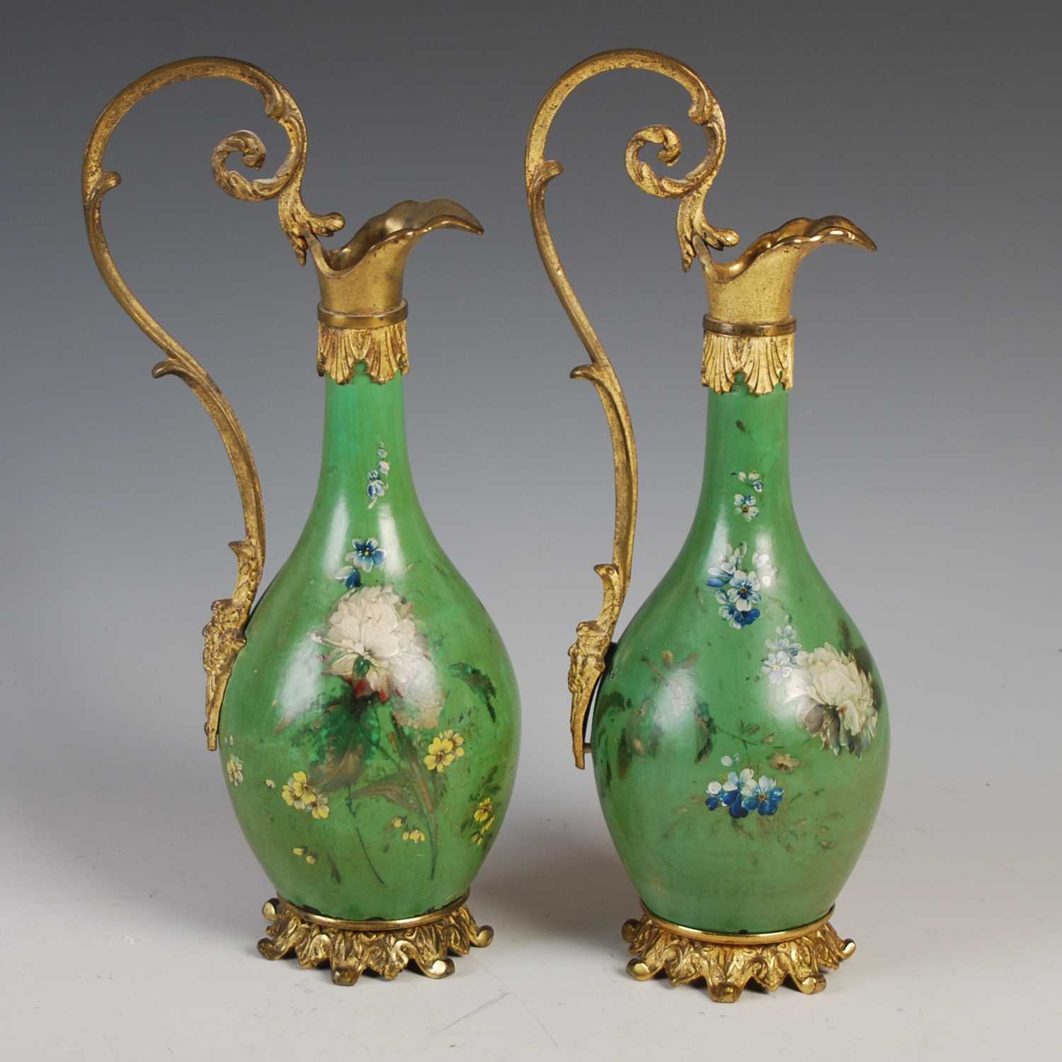 A pair of 19th century French gilt metal mounted Toleware ewers, decorated with foliate sprays on - Image 2 of 6