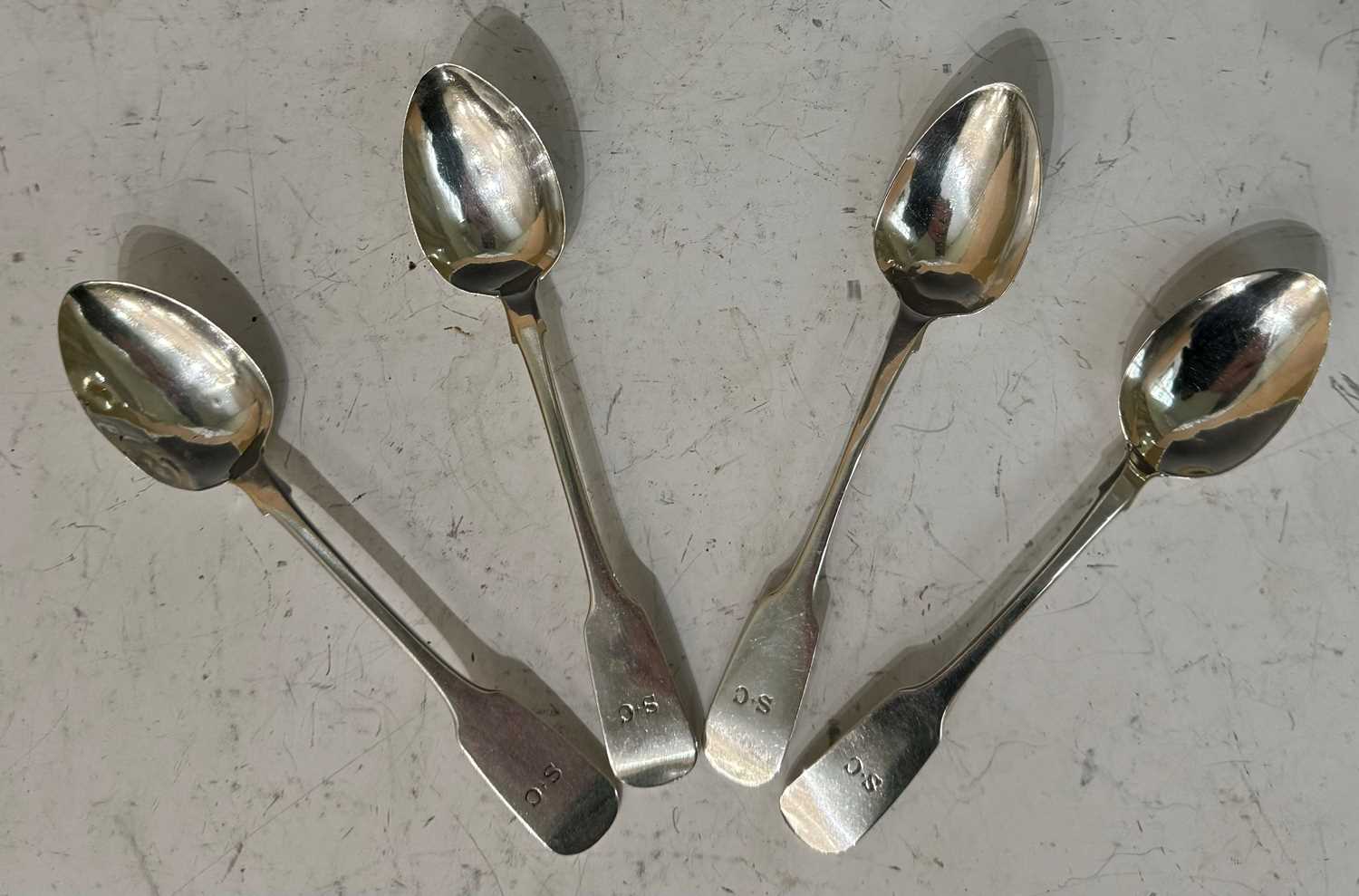 A set of four William IV Irish silver teaspoons, Dublin, 1835, makers mark W.C, fiddle pattern