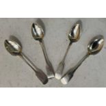 A set of four William IV Irish silver teaspoons, Dublin, 1835, makers mark W.C, fiddle pattern