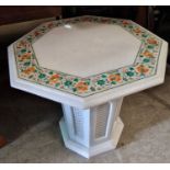 An Indian white marble malachite, mother of pearl and orange agate inlaid octagonal shaped